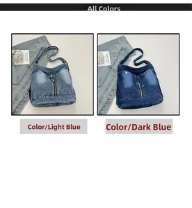 Détail des sacs fourre-tout en denim bleu clair et bleu foncé avec poches zippées