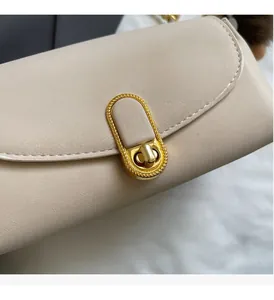 Detail of elegant gold oval twist lock and lychee texture on beige crossbody bag