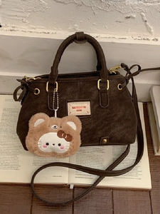 Vintage PU Leather Shoulder Bag For Women Large Capacity Crossbody Handbag With Plush Bear Charm Retro Daily Tote Bag