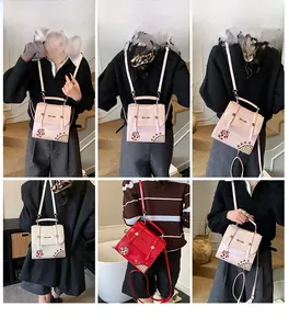 Detail showing the mini square bag worn as a shoulder, crossbody, and backpack in three colors