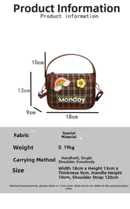 Detaillierte Größentabelle der braunen Karo-Tasche mit Maßen 18x13x9cm und Gurtlänge