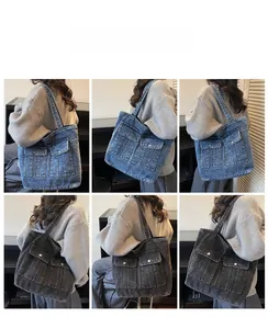 Detail view of denim tote bag showing cargo style front pockets and color variations