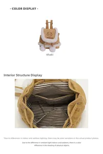 Detail of khaki plush backpack interior showing striped lining and zip pocket