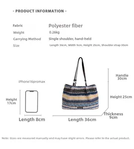 Detailed dimension chart showing a striped knit tote bag with phone size comparison