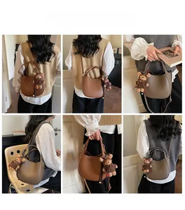 Litchi pattern leather shoulder bag details with cute teddy bear charm accessory