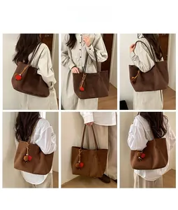 Detail shots showing a dark brown suede tote bag with a colorful plush ball charm decoration