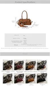 Detailed size chart and multi-color options for the vintage PU leather top-handle bag