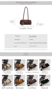 Detailed size specifications and color options for the suede retro underarm shoulder bag