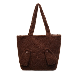 Cute brown plush tote bag with fuzzy texture and animal face embroidery for women