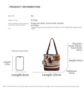 Size guide for Fair Isle pattern backpack tote showing dimensions and strap lengths