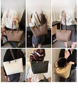 Collage of large PU leather tote bags in brown, white, and black for daily work style