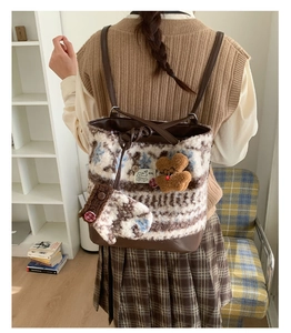 Detail view of winter woolen tote bag with Fair Isle pattern and bear pendant charm