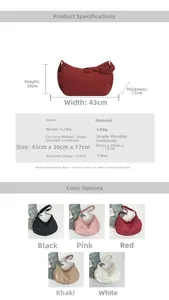 Detailed view of large nylon crescent tote bag showing dimensions and five color options