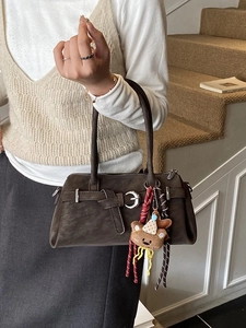 Retro dark brown frosted faux suede handbag with silver buckle and cute bear pendant