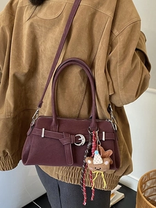 Retro burgundy matte shoulder bag with elegant buckle and plush bear charm for women