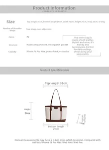 Guide des tailles pour grand sac cabas indiquant dimensions et capacité de rangement