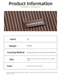 Detailed spec chart for brown PU tote bag with size info 36x22x13cm and 0.62kg weight