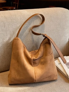 Women Large Capacity Suede Tote Bag Vintage Minimalist Shoulder Underarm Bag With Adjustable Strap Faux Suede Messenger Bag