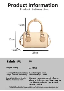 Guía de tallas del bolso Boston de PU con medidas 21x13x10cm e información de la correa