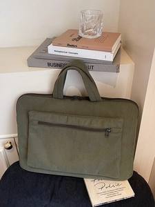 Sac fourre-tout en velours côtelé vert olive pour ordinateur avec poche zippée