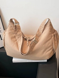 Minimalist khaki nylon hobo bag with large capacity and adjustable wide shoulder strap