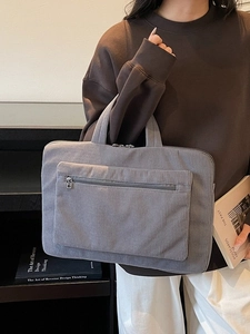 Sac fourre-tout pour ordinateur en velours côtelé gris avec doubles poignées femme
