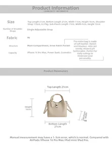 Detailed size chart for beige PU bucket bag set with crossbody strap measurements
