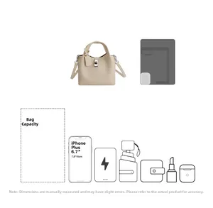 Detailed capacity guide for litchi grain bucket bag showing daily essentials fit