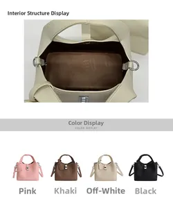 Detail view of four-color textured leather bucket bags with spacious interior and metal lock