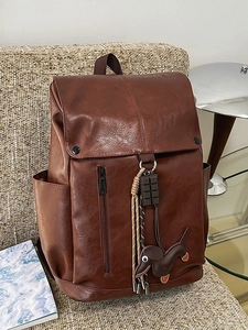 Women's Retro PU Leather Backpack Large Capacity Fashion Flap School Bag With Dog Charm For Travel Work Casual Daily Use