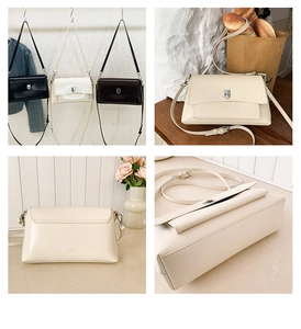Collage of chic leather shoulder bags in beige, black and brown with metal locks