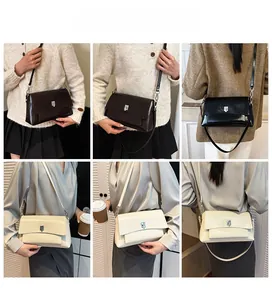 Multiple views of minimalist crossbody bags in dark brown, black, and beige colors