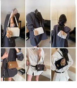 Detailed views of vintage pillow shoulder bags in four colors with cute bear charms