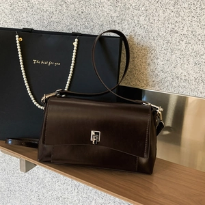 Detail of dark brown glossy leather crossbody bag with silver square metal buckle closure