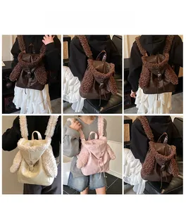Detail of creative plush PU leather backpack with faux sheepskin trim and bunny ear accents