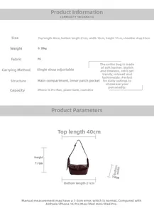Detailed size chart of dark red PU leather saddle bag with specific dimensions