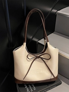 Women Fashion PU Leather Tote Bag With Bow Detail Large Capacity Single Shoulder Underarm Bag For Daily Office Shopping