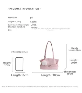 Detailed size chart for pink PU leather tote bag with dimensions and capacity comparison