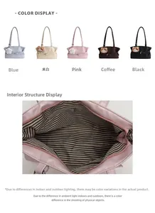 Detail view of tote bag with striped lining, zip pocket, and bear charm in five colors