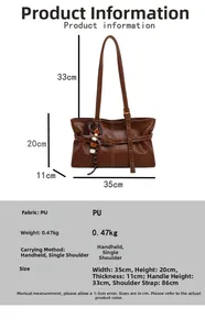 Detailed size chart and specifications for the large brown PU leather tote shoulder bag