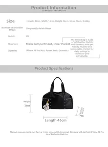 Detail view of black PU leather travel bag showing 46cm length and interior pocket structure