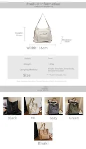 Detailed size guide and color options for large capacity corduroy tote bag showing dimensions