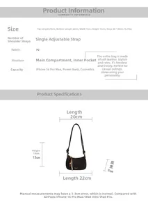 Guide des tailles pour sac en cuir PU noir avec bandoulière réglable et perles