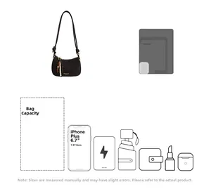 Guide de capacité du sac à bandoulière noir montrant l'espace pour téléphone
