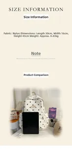 Size chart showing 30x16x43cm dimensions and nylon backpack compared to a tablet