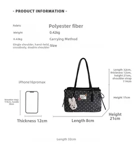 Detailed size chart for black polka dot tote bag with shoulder strap and rabbit charm