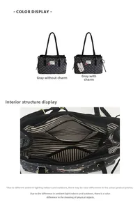 Detailed interior view of spotted tote bag showing striped lining and pockets