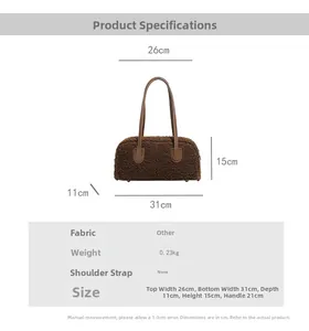 Dimensions détaillées du sac à bandoulière Boston en polaire peluche marron avec anses en cuir