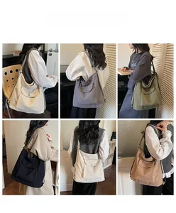 Detail showing high-capacity corduroy tote bags in six autumn colors with front flap pockets