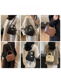 Detail shots showing retro square crossbody bags in four colors with adjustable straps
